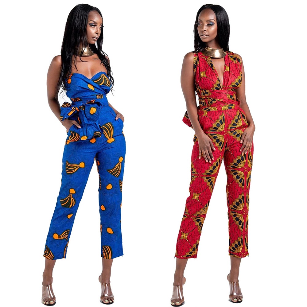 J&H New Design African Print Jumpsuits Boho Rompers For Women Pencil Pants One Piece with Pockets Bodysuit