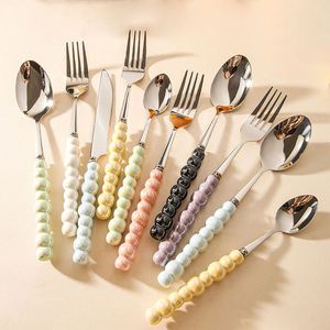 Dinner Pearl Flatware Wedding Silver 4 Piece Stainless Steel Modern <b>Gold</b> <b>Cutlery</b> <b>Set</b> with Ceramic Handles - Product Image 4