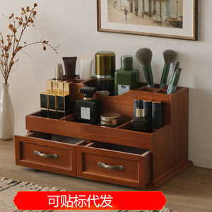 Retro Wooden <b>Makeup</b> Organizer With Drawers 12-Compartment Cosmetic <b>Storage</b> <b>Box</b> For Desk Home Use - Product Image 5
