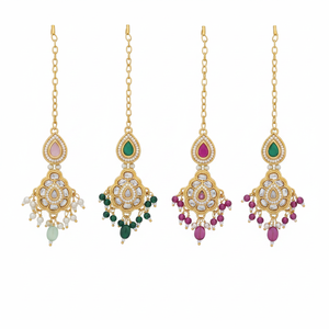 Jewelemarket Green & Pink Gold Plated Maangtikka with <b>Crystal</b> Stone and Pearls Fashion Jewelry <b>Set</b> - Product Image 2