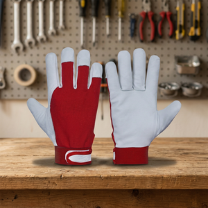 JNA Group White Red PU Leather Safety <b>Gloves</b> Anti-Slip Fingertips Elastic Wristband General Purpose 11 oz <b>Silicone</b>-free - Product Image 2