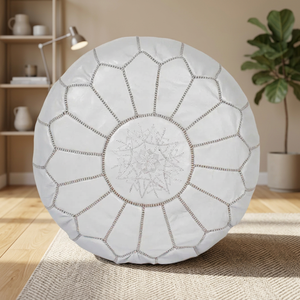 Moroccan Bohemian Genuine Leather Bead Leather Scenic Pattern <b>Grey</b> Pouf Ottoman Handstitched Low Seat <b>Footstool</b> Movable Home - Product Image 3