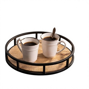 <b>Rustic</b> Round <b>Wooden</b> Decorative Tray Metal Serving Platter Farmhouse Centerpiece for Coffee <b>Table</b> <b>Dining</b> Room Home Decor - Product Image 2