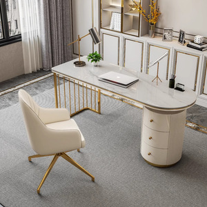 Escritorio de Oficina Moderno con Aspecto de Mármol, Mesa de Computadora Metálica, Estación de Trabajo de Recepción con Cajones para Consultorio, Salón de Belleza - Product Image 5