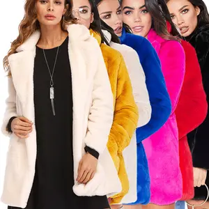 Manteau d'hiver chaud de couleur unie à manches longues en fausse fourrure avec poche pour femme, Offre Spéciale