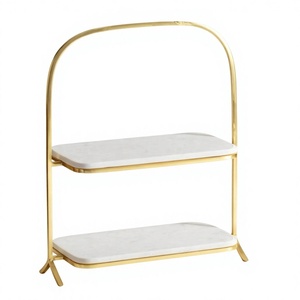 Soporte Rectangular de Dos Niveles para Pastel en Metal Dorado con Superficie de Mármol Blanco para Fiestas de Cumpleaños, Aniversarios, Compromisos y Decoración de Mesa - Product Image 1