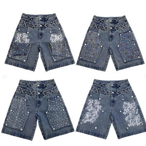 Baggy Jorts personnalisés lourds de haute qualité à impression DTG, shorts amovibles et réversibles pour les genoux, jorts <span class=keywords><strong>en</strong></span> denim à double taille et strass - Product Image 2