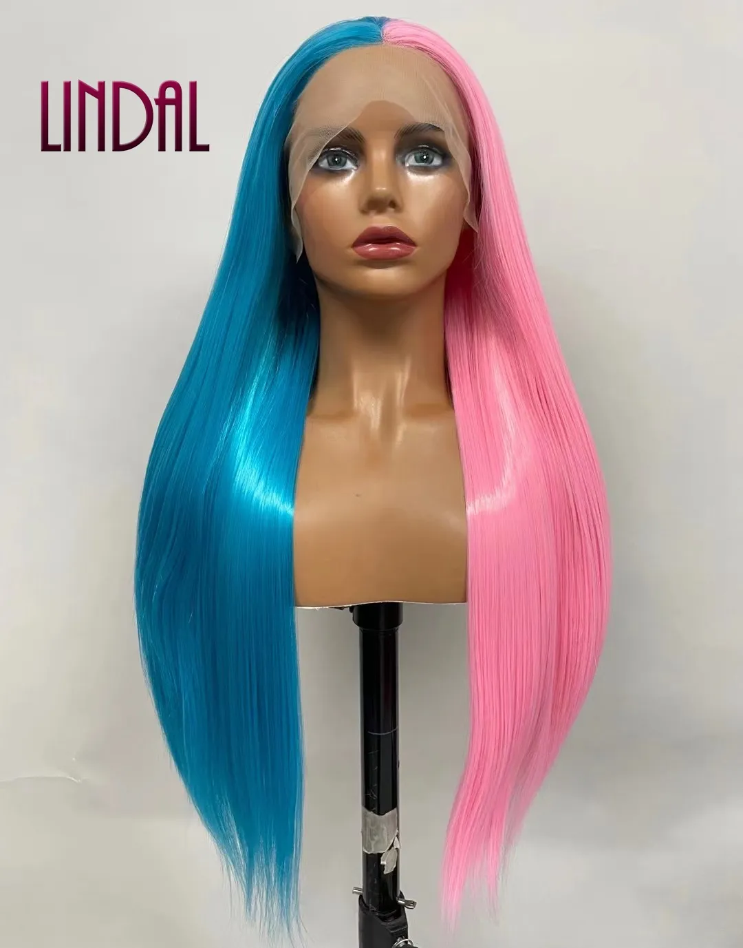 LINDAL long straight wig synthetic front lace synthetic wigs blue and pink straight long synthetic lace wig
