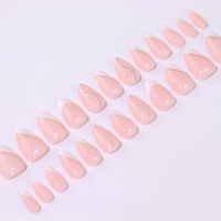 AIERFEI Faux Ongles Brillants Style French Manucure 24 Pièces Courts Amande Rayés à Coller Ongles Artificiels Vente en Gros