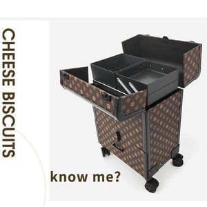 กระเป๋าเครื่องสำอางค์แบบล้อลาก Qihui รุ่นหรูหรา 4 ล้อหมุนได้ สำหรับจัดเก็บอุปกรณ์เสริมสวย ทนทาน สีดำ-น้ำตาล ลายสวยงาม - Product Image 3