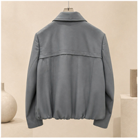 Veste utilitaire slim en peau de mouton pour femme, col pointu, fermeture éclair intégrale, vêtement extérieur en cuir avec surpiqûres décoratives, personnalisable