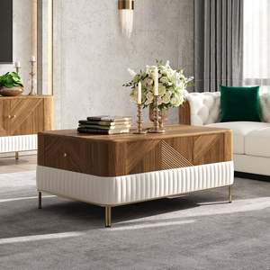 Nova phòng khách hiện đại melamine hoàn thiện Bàn cà phê hình chữ nhật quả óc chó & Bàn trung tâm màu trắng với 2 ngăn kéo lưu trữ - Product Image 1