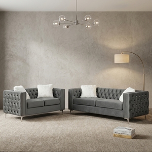 Juego de Sofás de Terciopelo Ecológico de Diseño Europeo Moderno, Muebles Grises para Sala de Estar, 3+2 Plazas con Cojines Blancos - Product Image 1