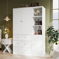 Armoire moderne en bois avec miroir, étagères ouvertes, 3 tiroirs, 3 portes, tringle de suspension - Grande capacité de rangement pour chambre à coucher