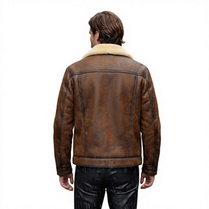 Blouson en cuir véritable pour homme, doublure en fausse fourrure, col rond, respirant, imperméable, style motard, épais, coupe classique, automne - Product Image 3