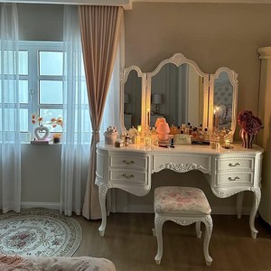 Table de maquillage en bois massif sculpté à la main, style princesse simple, avec tiroirs, pour chambre à coucher, style français crémeux - Product Image 2