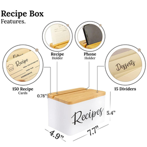 Metal <strong>Recipe</strong> <strong>Box</strong> With Cards and Dividers - White Metal Body, Wooden Lid with Phone Holder and <strong>Recipe</strong> Card Holder - Product Image 5