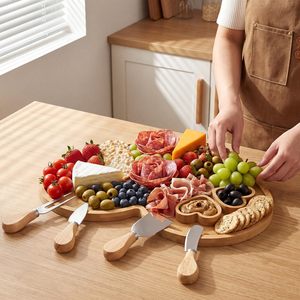 Heart Shaped Bamboo <b>Cheese</b> Board With <b>Knife</b> <b>Set</b> For Party Snacks And Picnic - Product Image 3