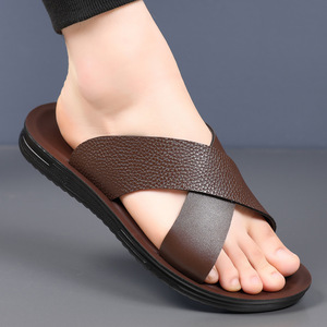 Sandalias de Verano para Hombre, Casuales, de Cuero Genuino, Punta Abierta, Forro Textil, Suela de Goma Antideslizante, Estilo Slip-On - Product Image 1