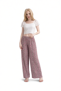 Pantalon large pour femme en coton et fibre de bambou, imprimé floral, coupe ample, taille mi-haute, longueur complète, décontracté, tricoté, respirant, pour l'été - Product Image 1