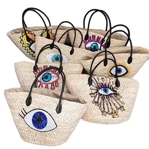 Evil eyes sacos de palha de viagem, grande capacidade de férias sacola de verão praia bolsas de luxo para mulheres