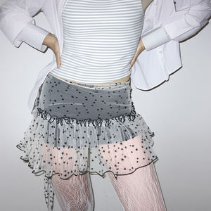 Mini-jupe en maille à imprimé étoile style Y2K pour femmes, taille basse, froncée, coupe trapèze, aspect transparent, jupe courte avec doublure intérieure - Product Image 1