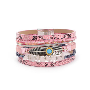 Pulsera de Cuero con Plumas y Turquesa Estilo Bohemio para Mujer, Creativa, Vintage, con Cierre Magnético - Product Image 4