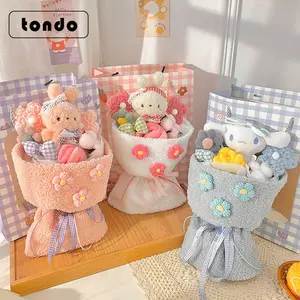 Pink Flower Bouquets Kitty Melody Cinnamoroll Kuromi Plush Toys Stitch Strawberry Teddy Bear Rabbit Hugging Bucket Gift