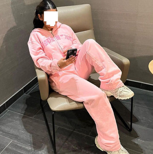 Ensemble survêtement rose personnalisé pour femme, 2 pièces, en molleton de coton French Terry, lavage vintage, streetwear, sweat à capuche - Product Image 3