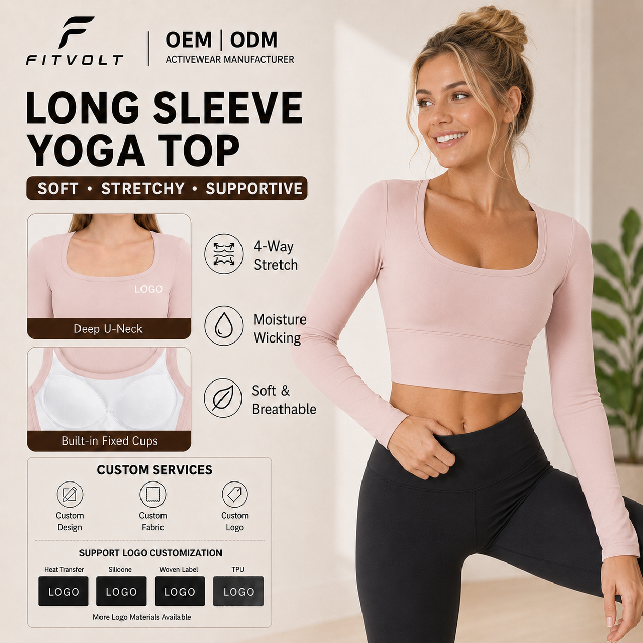 FITVOLT Wholesale Yoga Wear Fitness Women Regular Long Sleeve T-Shirt Seamless Breathable Anti-Bacterial Tummy Control Front