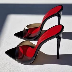 Sandalia Salto Feminina Transparent PVC Pointed Toe Mules High Heels Stiletto Red <b>Insole</b> Slip-on Sandals Heels - Product Image 3