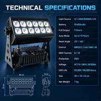 Projecteur LED à piles 12x20W RGBWA+UV IP65 15400mAh Autonomie de 10 heures pour événements scéniques en extérieur