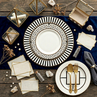 Service de vaisselle en céramique Art Déco de luxe, noir et blanc, géométrique, bord doré, assiettes en porcelaine pour hôtel, mariage, restaurant, vente en gros