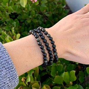 <span class=keywords><strong>Bracciale</strong></span> Unisex Fatto a Mano in <span class=keywords><strong>Ossidiana</strong></span> Dorata 6-12mm, <span class=keywords><strong>Bracciale</strong></span> Elastico con Perle di Onice Nero Naturale, Regalo per Uomo - Product Image 5