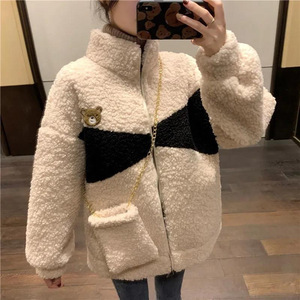 Women's Winter Loose Stand Collar Faux Fur Coat With Bear Design Warm Zipper Jacket White Gray Apricot Black - Product Image 1