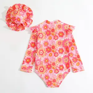 아기 수영복, 0-3 세 귀여운 여름 프릴 아기 소녀 꽃 2 개/태양 모자와 수영복 세트