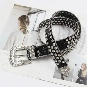 Sabuk kulit berlian untuk wanita, ikat pinggang kulit berlian terinspirasi hitam, ikat pinggang bisnis untuk wanita