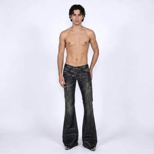 Pantalon décontracté pour homme en cuir noir délavé, coupe évasée, taille mi-haute, fermeture boutonnée, avec décoration effet usé, pour l'automne - Product Image 1