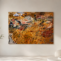 Peinture abstraite expressionniste à tourbillons turbulents, Ocre Sienne Bleu Rouge, Impasto, Traite de pinceau énergique, Peint à la main sur toile