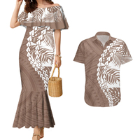 Allover Print Polynesian Sunset Plumeria Couple Outfit Mermaid Dress and Hawaiian Shirt Pacific Island Tribal Purple Style