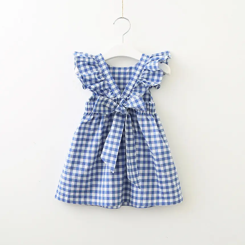 Vestido informal de verano para niños y niñas, 100% algodón, pequeño, a cuadros, con lazo grande, espalda descubierta