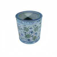 Pot Bunga Porselen Biru Hijau Putih Gaya Art Deco, Lukisan Tangan Motif Bangau dan Awan, Chinoiserie, Dekorasi Rumah dan Taman, Selamat
