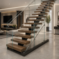 Escalier Flottant Moderne pour Hall d'Entrée de Villa Duplex, Garde-corps en Verre, Marches en Bois, Escalier Cantilever, Escalier Résidentiel