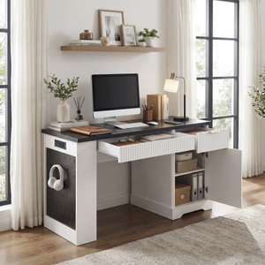 Modern Solid Wood Fluted Office <b>Desk</b> Storage Cabinet <b>Drawers</b> Eco-Friendly Adjustable Height <b>Computer</b> Writing <b>Desk</b> Power Outlet - Product Image 5