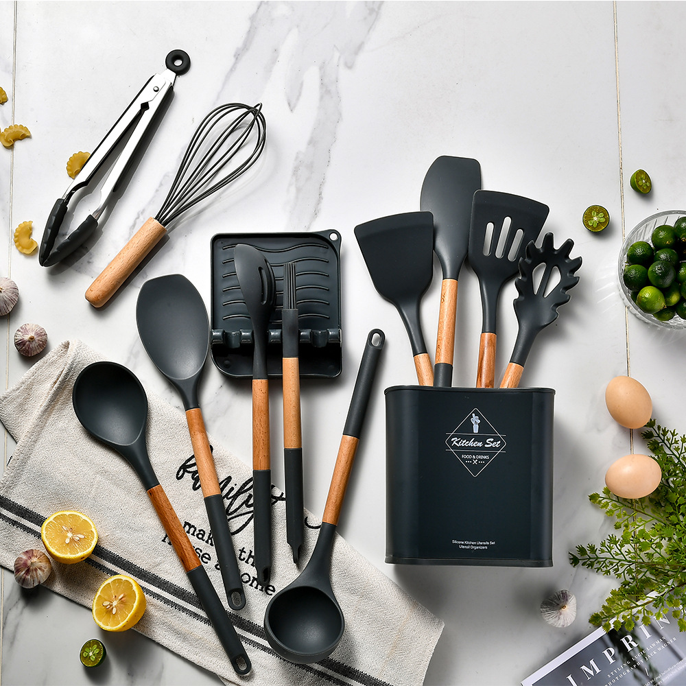 Набор из 11 предметов, силиконовая кухонная утварь с деревянной ручкой, термостойкая задняя крышка, ручка, силиконовая лопатка для приготовления пищи, набор кухонной утвари