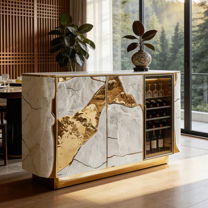 Buffet de luxe en acier inoxydable, meuble de salle à manger moderne pour villa, rangement haut de gamme avec finition craquelée dorée, mobilier design pour la maison - Product Image 6