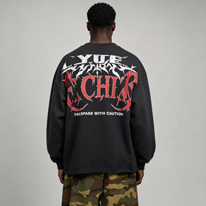 Custom Double-Sided Graphic Print Vintage Washed Black Long Sleeve Tee Men Distorted <strong>Flame</strong> Print Hip Hop Streetwear Cotton <strong>Shirt</strong> - Product Image 2
