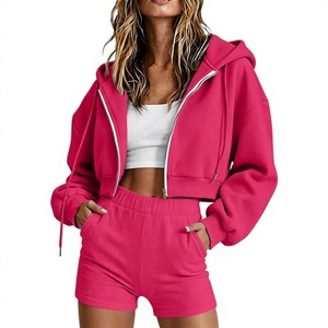 Ensembles de vêtements pour femmes, shorts ajustés et sweat-shirts à capuche zippés, ensembles de 2 pièces pour la détente, mélange de polyester/coton, 320 GSM - Product Image 1