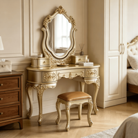 Ensemble de coiffeuse sculptée en or champagne, table de maquillage antique pour villa, chambre d'hôtes, projet hôtelier, vente en gros sur mesure