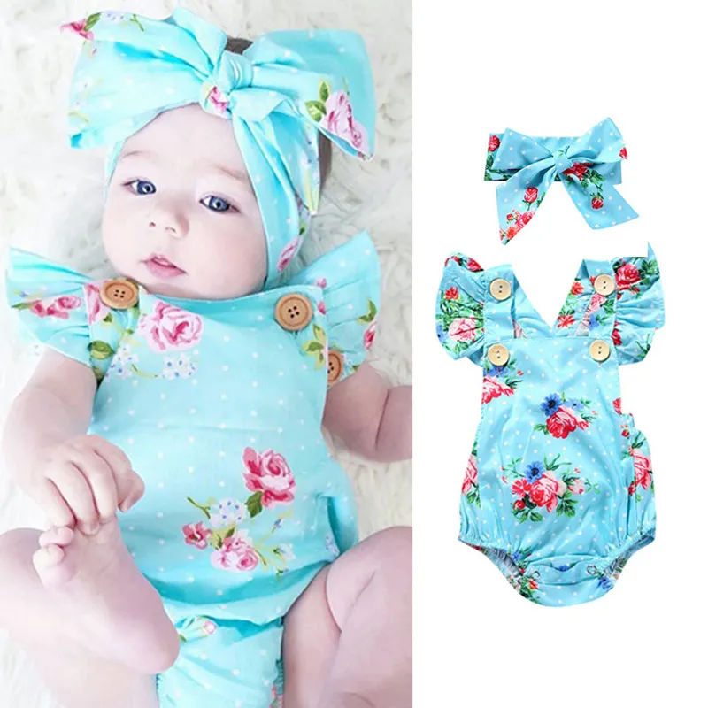 5 Style Kids Cute Floral Romper 2pcs Baby Boys Girls Clothes Jumpsuit Romper+Headband Sets Children's Toddler Newborn Outfits B1